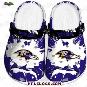 Baltimore Ravens Purple Paint Splash Crocs – Custom Black Strap Clogs