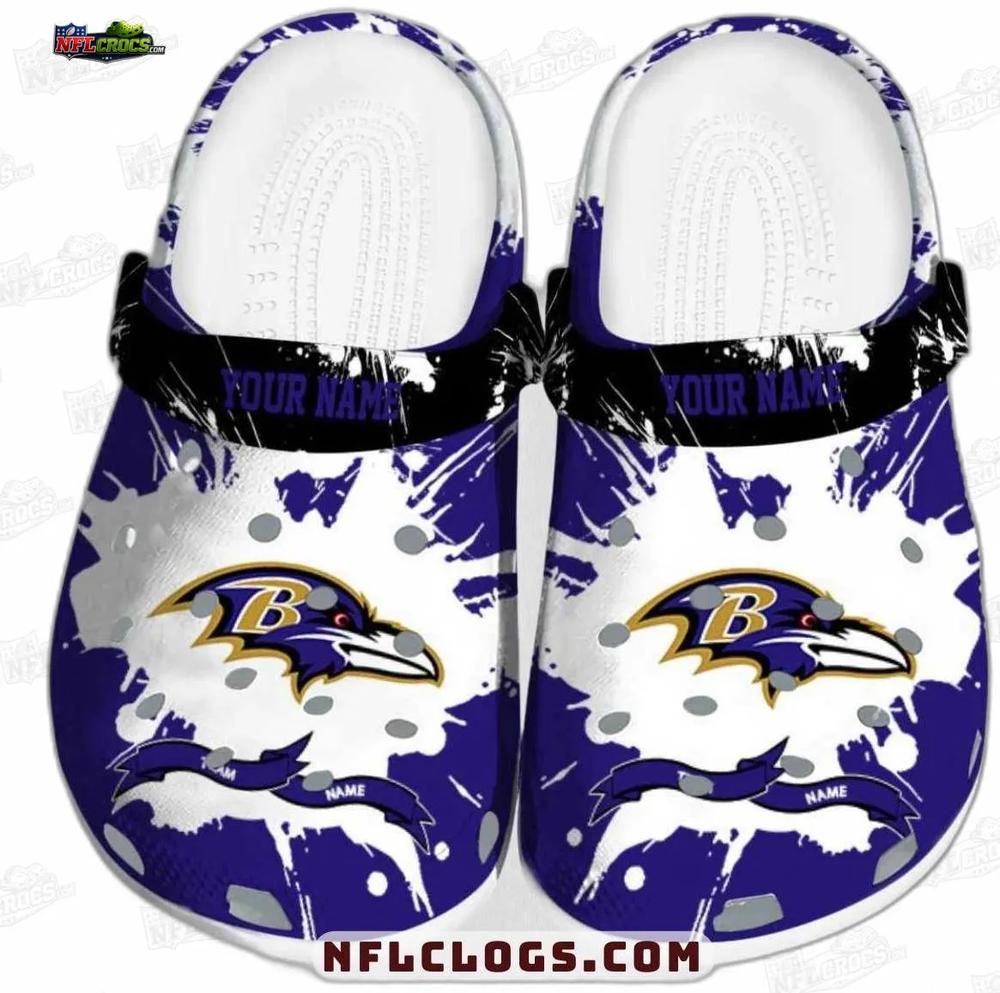 Baltimore Ravens Purple Paint Splash Crocs – Custom Black Strap Clogs Baltimore Ravens Purple Paint Splash Crocs – Custom Black Strap Clogs