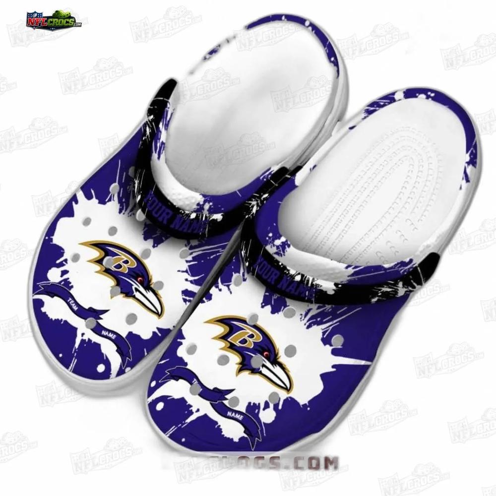 Baltimore Ravens Purple Paint Splash Crocs – Custom Black Strap Clogs Baltimore Ravens Purple Paint Splash Crocs – Custom Black Strap Clogs