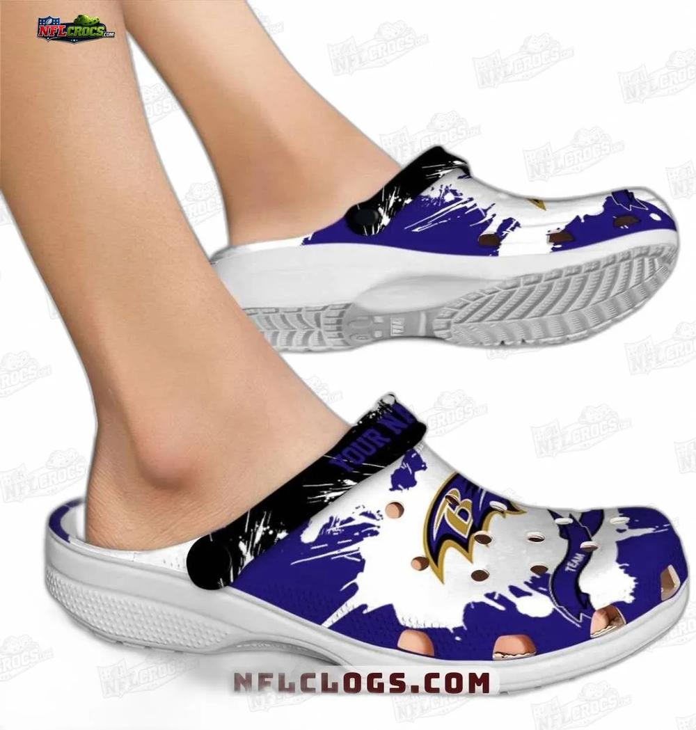 Baltimore Ravens Purple Paint Splash Crocs – Custom Black Strap Clogs Baltimore Ravens Purple Paint Splash Crocs – Custom Black Strap Clogs