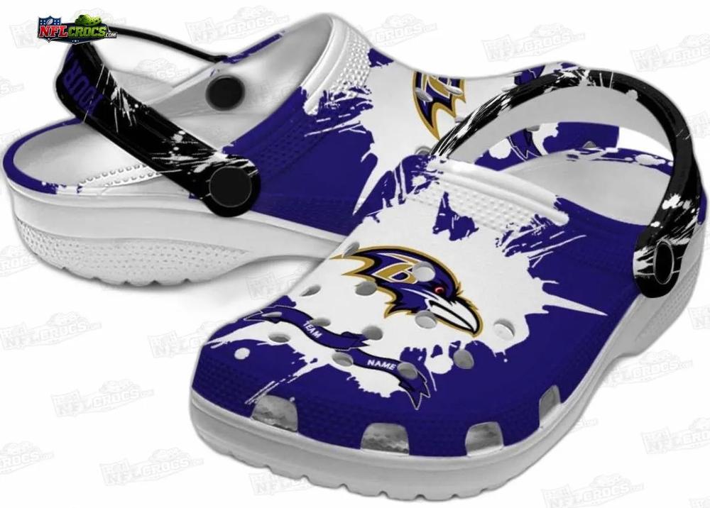 Baltimore Ravens Purple Paint Splash Crocs – Custom Black Strap Clogs Baltimore Ravens Purple Paint Splash Crocs – Custom Black Strap Clogs