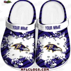 Baltimore Ravens White Strap Splatter Crocs – Custom Purple Fan Clogs