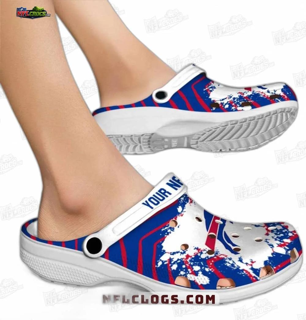 Buffalo Bills Custom Splatter Crocs – Red Blue Stripe Fan Clogs Buffalo Bills Custom Splatter Crocs – Red Blue Stripe Fan Clogs