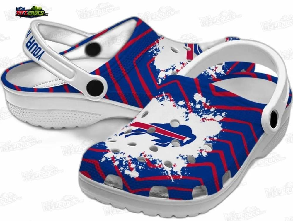 Buffalo Bills Custom Splatter Crocs – Red Blue Stripe Fan Clogs Buffalo Bills Custom Splatter Crocs – Red Blue Stripe Fan Clogs
