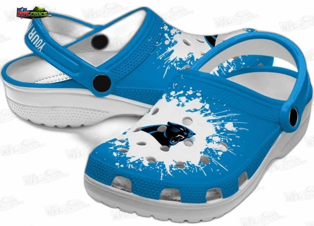 Carolina Panthers Blue Splash Crocs – Custom Name Fan Clogs Carolina Panthers Blue Splash Crocs – Custom Name Fan Clogs