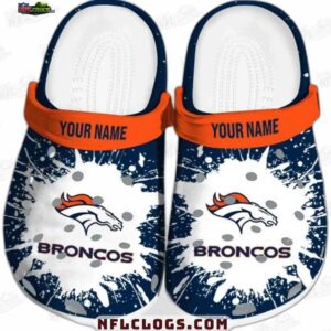 Denver Broncos Navy Splash Crocs – Custom Orange Strap Fan Clogs