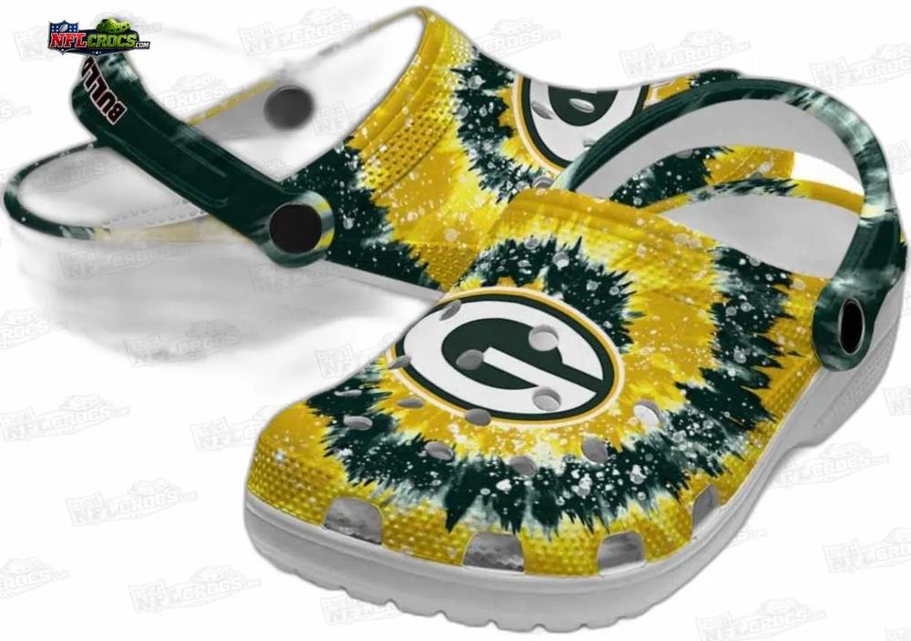Green Bay Packers Yellow Green Tie Dye Crocs – G Logo Fan Clogs Green Bay Packers Yellow Green Tie Dye Crocs – G Logo Fan Clogs