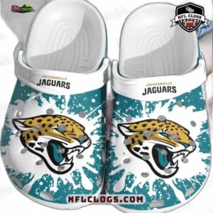 Jacksonville Jaguars Teal Splash Crocs – White Jaguar Graphic Fan Clogs