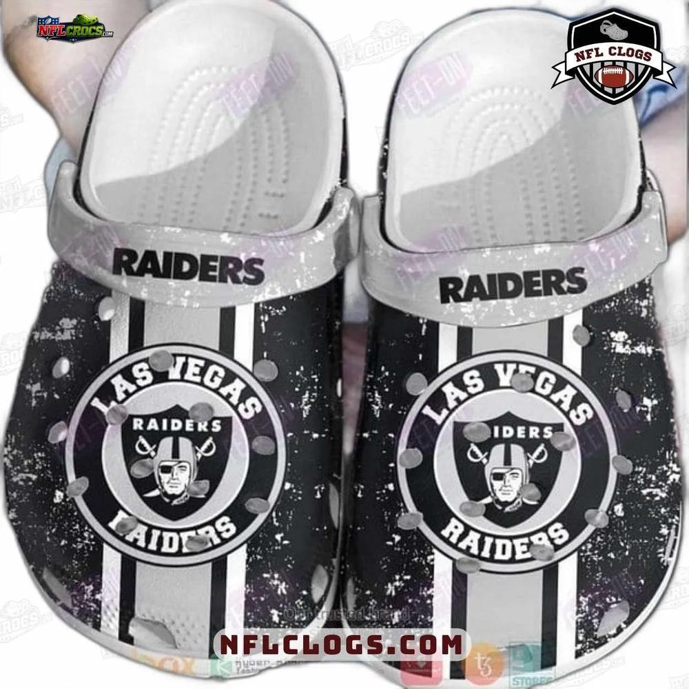 Las Vegas Raiders Grunge Stripe Crocs – Black White Crest Fan Clogs Las Vegas Raiders Grunge Stripe Crocs – Black White Crest Fan Clogs