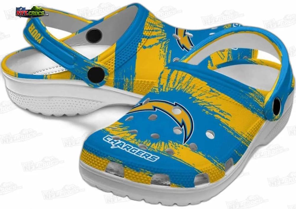 Los Angeles Chargers Yellow Blue Splash Crocs – Personalized Bolt Fan Clogs Los Angeles Chargers Yellow Blue Splash Crocs – Personalized Bolt Fan Clogs