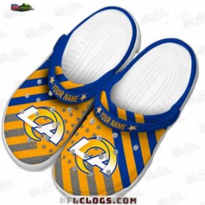 Los Angeles Rams NFL Crocs Clogs - Yellow and Blue Star Stripe Fan Footwear 2