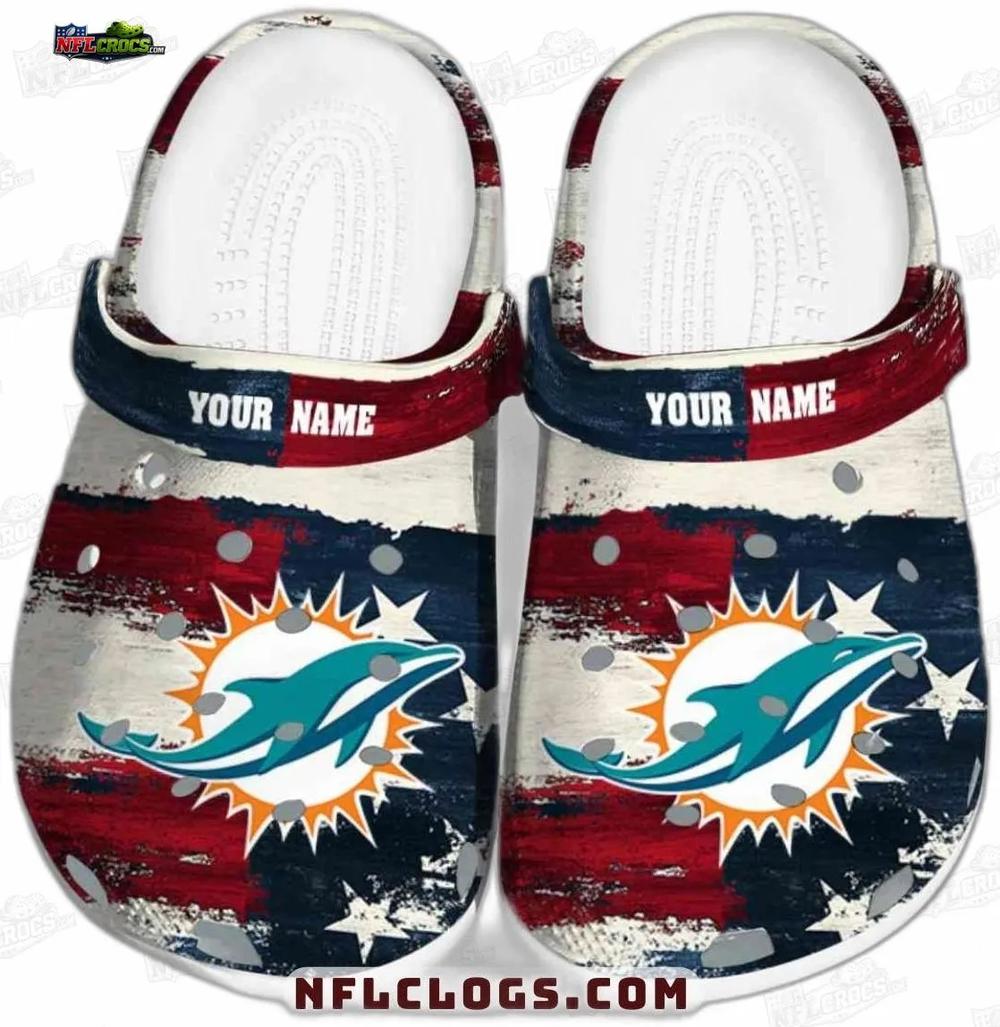 Miami Dolphins Distressed USA Flag Crocs – Custom Name Fan Clogs Miami Dolphins Distressed USA Flag Crocs – Custom Name Fan Clogs