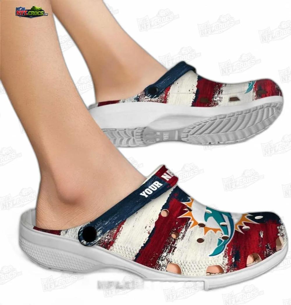 Miami Dolphins Distressed USA Flag Crocs – Custom Name Fan Clogs Miami Dolphins Distressed USA Flag Crocs – Custom Name Fan Clogs