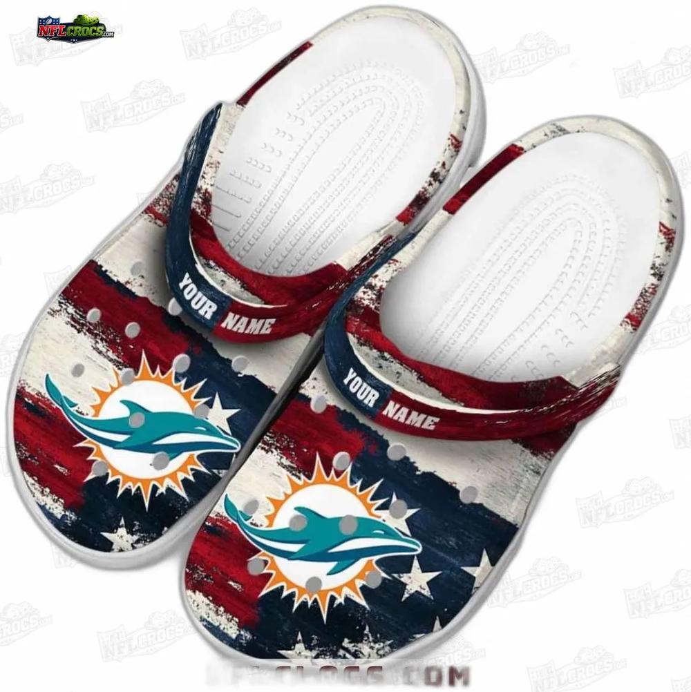 Miami Dolphins Distressed USA Flag Crocs – Custom Name Fan Clogs Miami Dolphins Distressed USA Flag Crocs – Custom Name Fan Clogs