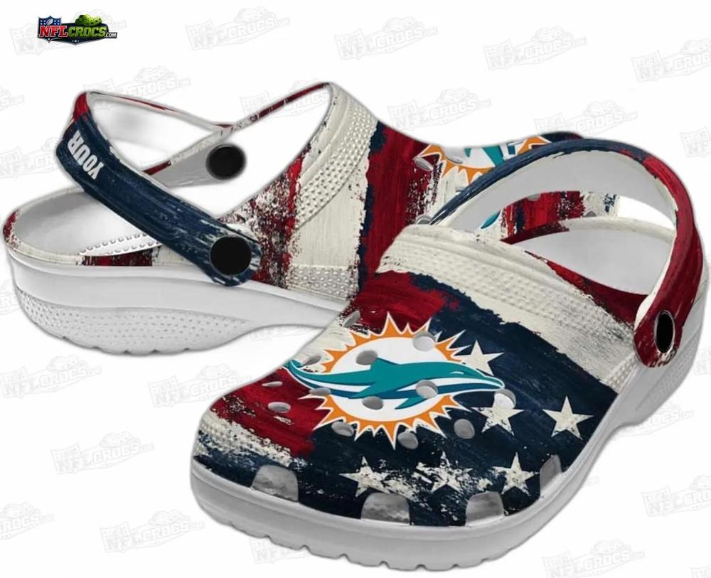 Miami Dolphins Distressed USA Flag Crocs – Custom Name Fan Clogs Miami Dolphins Distressed USA Flag Crocs – Custom Name Fan Clogs