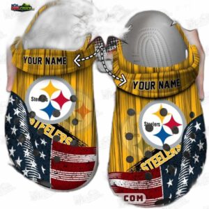 Pittsburgh Steelers Wood Grain Flag Crocs – Custom Name Fan Clogs