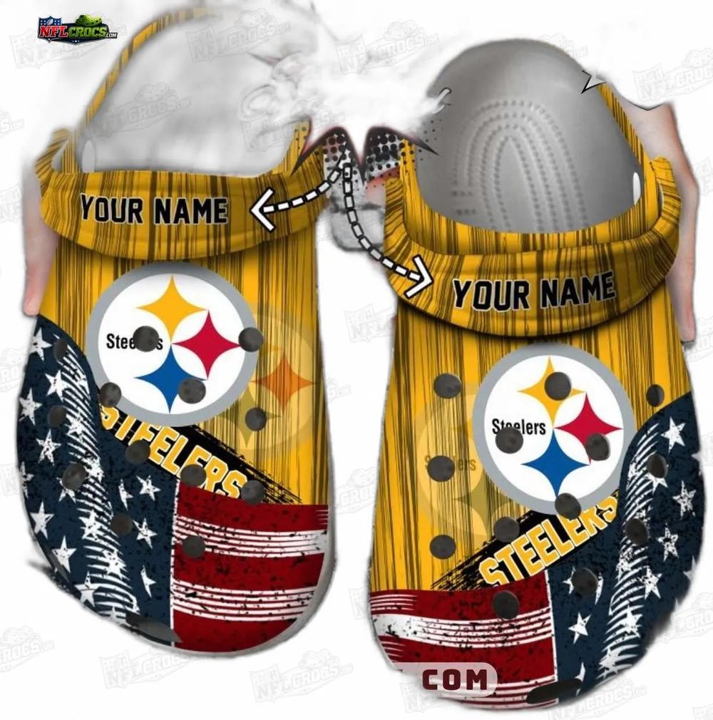 Pittsburgh Steelers Wood Grain Flag Crocs – Custom Name Fan Clogs Pittsburgh Steelers Wood Grain Flag Crocs – Custom Name Fan Clogs