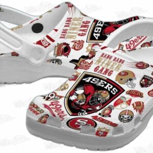 San Francisco 49ers NFL Crocs Clogs - White with Niner Gang Logo Print Fan Footwear 1