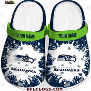 Seattle Seahawks White Splash Crocs – Personalized Navy Green Fan Clogs