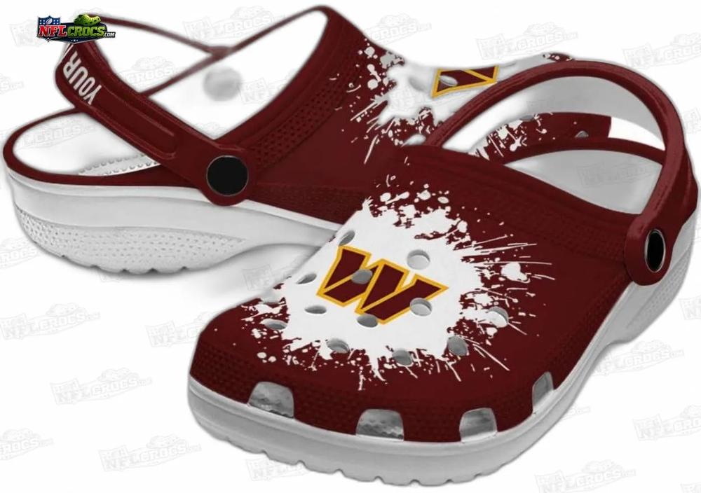 Washington Commanders Burgundy White Splash Crocs – Personalized W Logo Fan Clogs Washington Commanders Burgundy White Splash Crocs – Personalized W Logo Fan Clogs